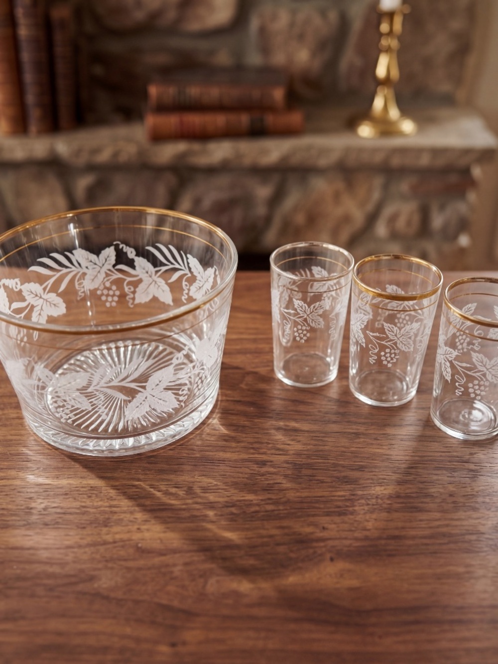 Vintage Bartlett Collins Set – Etched Grapevine, Gold Rim, Mid-Century